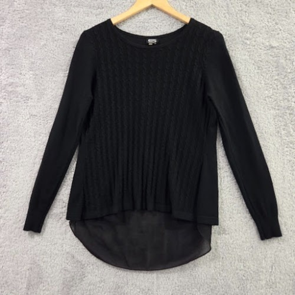 Sioni Mixed Media Sweater Women's Medium Black Cable Knit Sheer Layered High Low